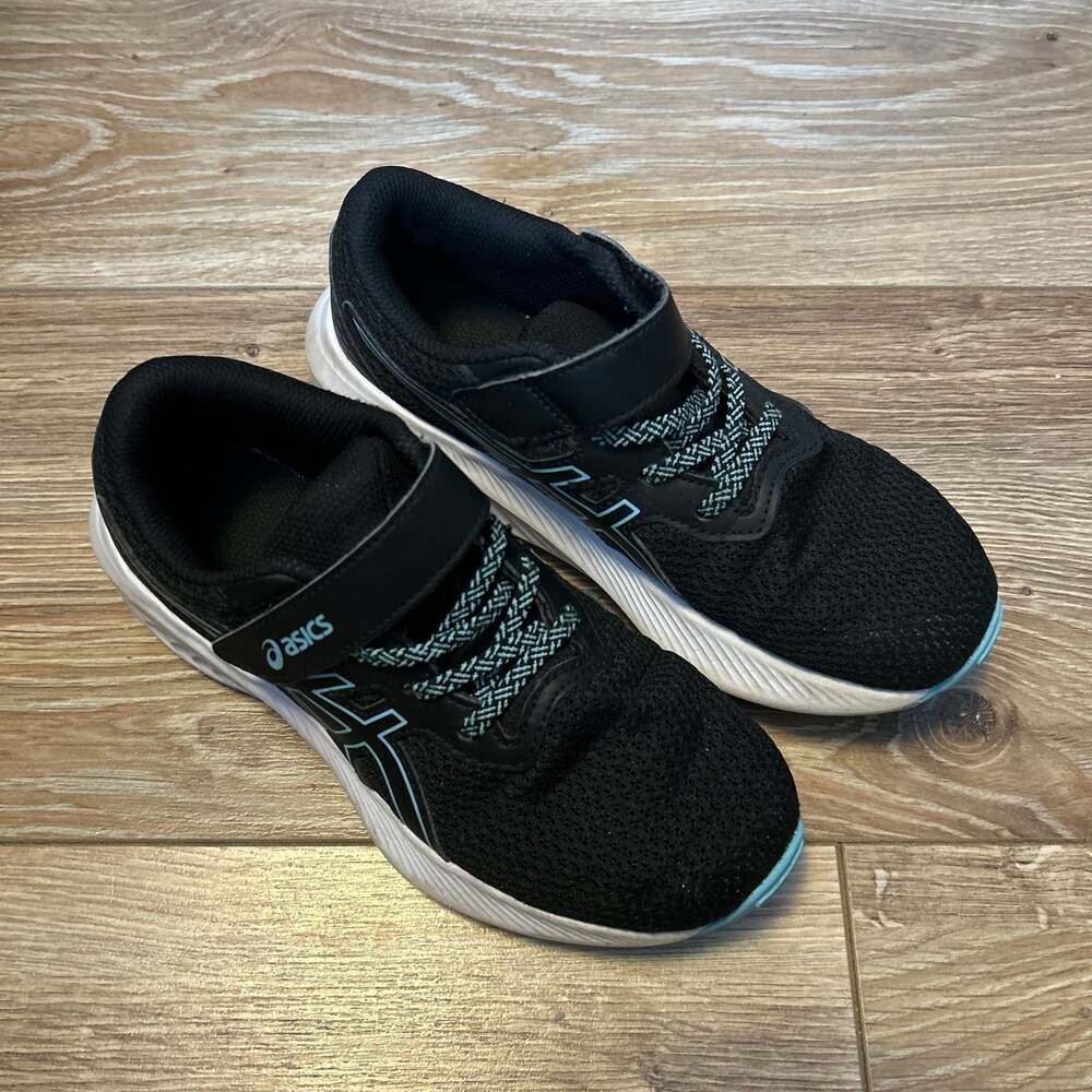 ASICS Kids Running Shoes - Black/Teal, Velcro Strap, Size 13